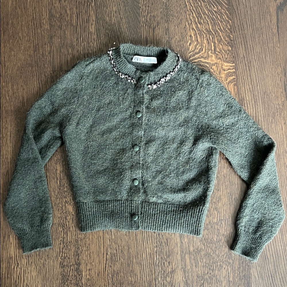 Zara Dark Green Cardigan with‎ Beaded Collar